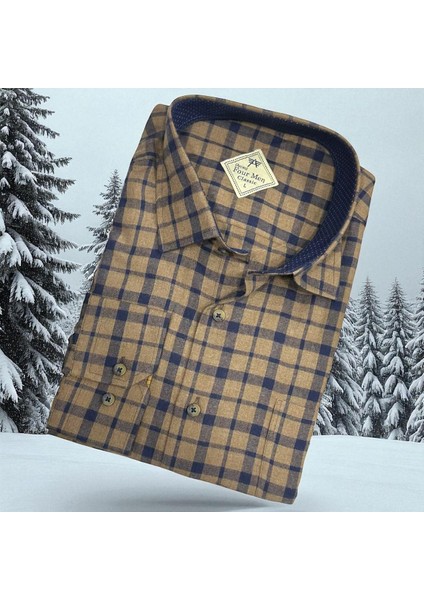Klasik %100 Cotton Uzun Kollu Terletmeyen Kışlık Flanel Kumaş Açık Kahve Gömlek (Regular Kalıp)