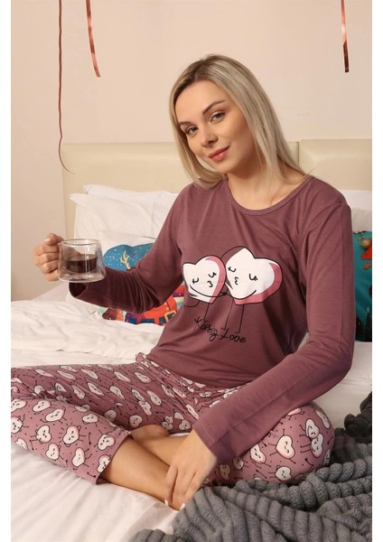 Kadın Penye Uzun Kol Pijama Takım Mürdüm