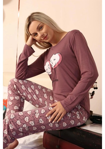 Kadın Penye Uzun Kol Pijama Takım Mürdüm modelleri