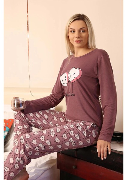 Kadın Penye Uzun Kol Pijama Takım Mürdüm indirimleri