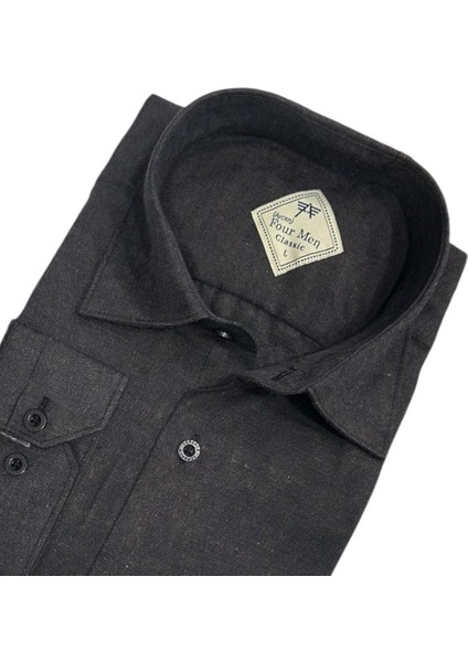 Klasik %100 Cotton Uzun Kollu Terletmeyen Kışlık Flanel Kumaş Antrasit Gömlek (Regular Kalıp)