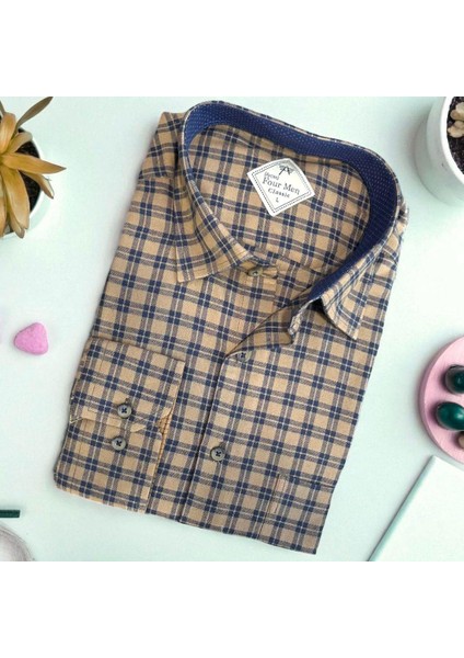 Klasik %100 Cotton Uzun Kollu Terletmeyen Kışlık Flanel Kumaş Camel Gömlek (Regular Kalıp)