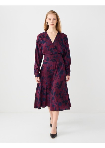 Bordo V Yaka Uzun Kollu Çiçek Desenli Dokuma Uzun Elbise