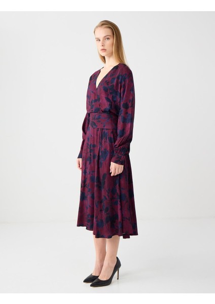 Bordo V Yaka Uzun Kollu Çiçek Desenli Dokuma Uzun Elbise fiyatları