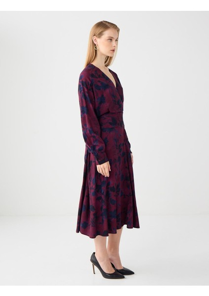 Bordo V Yaka Uzun Kollu Çiçek Desenli Dokuma Uzun Elbise modelleri