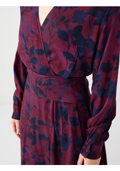 Bordo V Yaka Uzun Kollu Çiçek Desenli Dokuma Uzun Elbise fırsatları