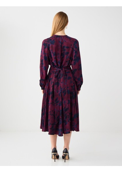 Bordo V Yaka Uzun Kollu Çiçek Desenli Dokuma Uzun Elbise