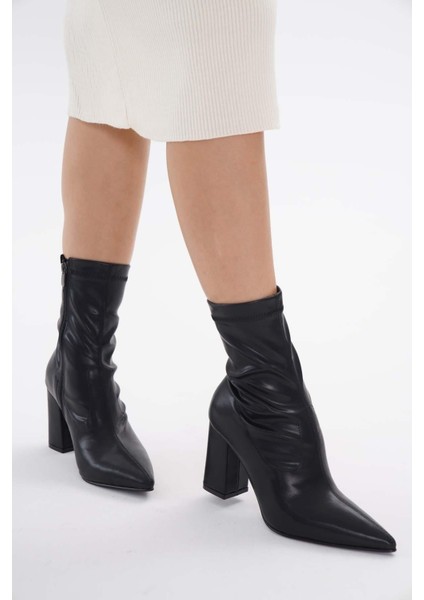 8.5 cm Orta Boy Siyah Cilt Streç Kalın Topuklu Kadın Topuklu Bot