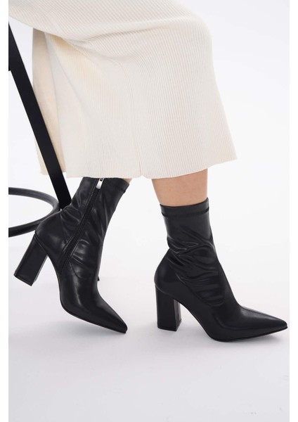 8.5 cm Orta Boy Siyah Cilt Streç Kalın Topuklu Kadın Topuklu Bot fiyatları