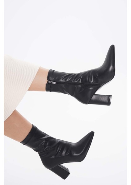 8.5 cm Orta Boy Siyah Cilt Streç Kalın Topuklu Kadın Topuklu Bot modelleri