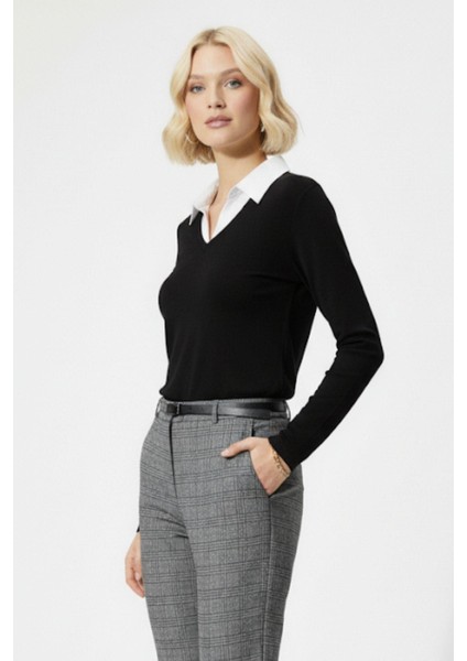 8198A Gömlek Yaka Bluz Siyah