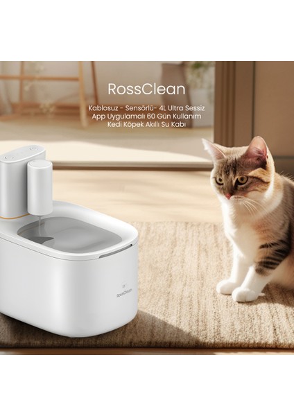 Kablosuz - Sensörlü- 4l Ultra Sessiz App Uygulamalı 60 Gün Kullanım Kedi Köpek Akıllı Su Kabı