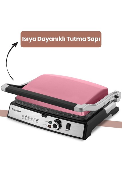Paslanmaz Çelik 2000W Pembe Tost ve Izgara Makinesi, Granit Plakalarlı