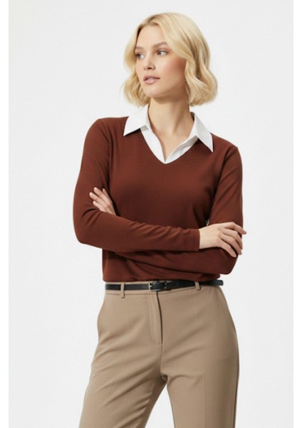 8198A Gömlek Yaka Bluz Kahve