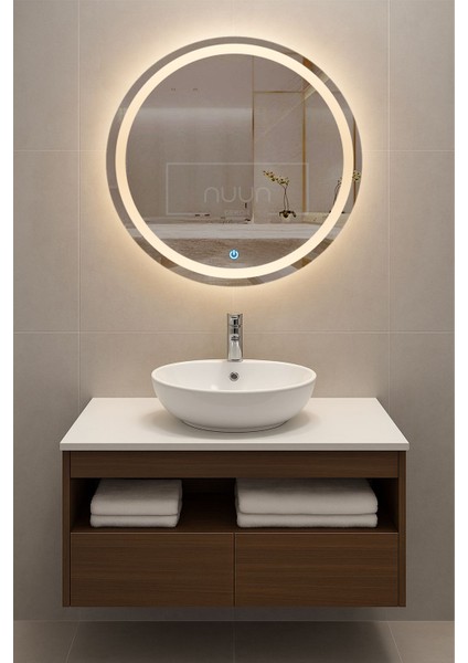 Aurora 60CM Banyo Dolabı Seti (Yuvarlak Ledli Dokunmatik Ayna + Mdf Lavabo Dolabı, Seramik Lavabo)