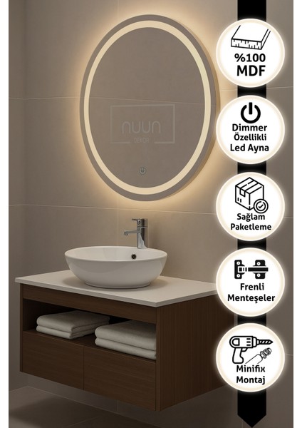 Aurora 60CM Banyo Dolabı Seti (Yuvarlak Ledli Dokunmatik Ayna + Mdf Lavabo Dolabı, Seramik Lavabo) fiyatları