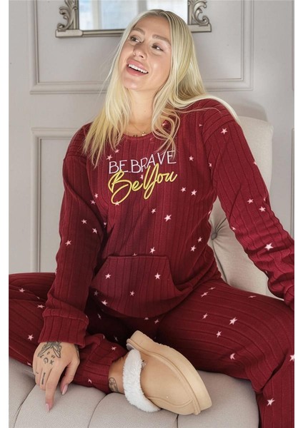 Bordo Brave Desenli Kanguru Cepli Peluş Polar Pijama Takımı