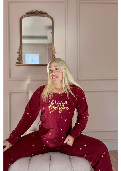 Bordo Brave Desenli Kanguru Cepli Peluş Polar Pijama Takımı fiyatları