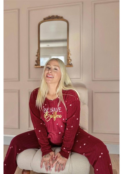 Bordo Brave Desenli Kanguru Cepli Peluş Polar Pijama Takımı modelleri