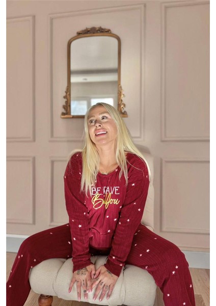 Bordo Brave Desenli Kanguru Cepli Peluş Polar Pijama Takımı fırsatları