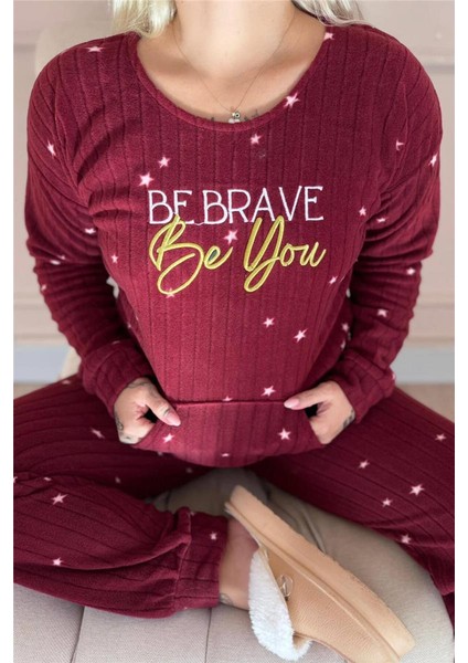 Bordo Brave Desenli Kanguru Cepli Peluş Polar Pijama Takımı indirimleri