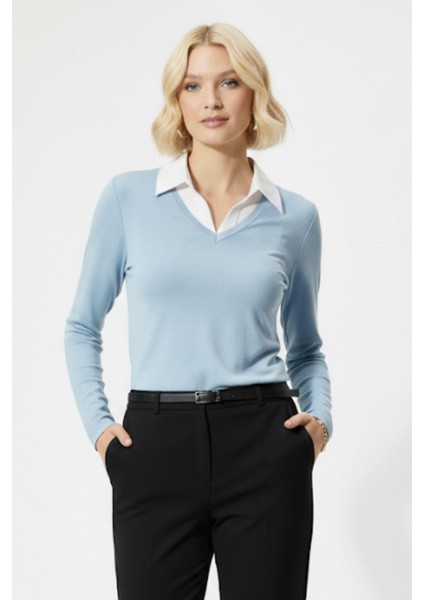 8198A Gömlek Yaka Bluz Mavi