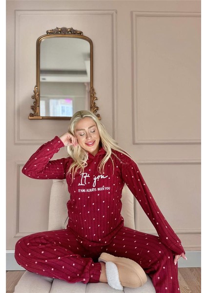 Bordo You Desenli Kapşonlu Peluş Polar Pijama Takımı modelleri