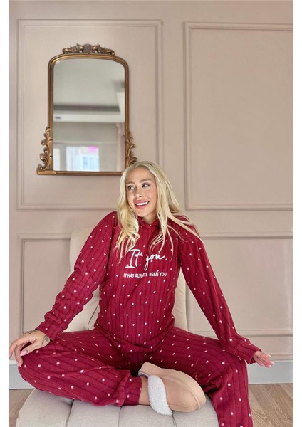 Bordo You Desenli Kapşonlu Peluş Polar Pijama Takımı fırsatları