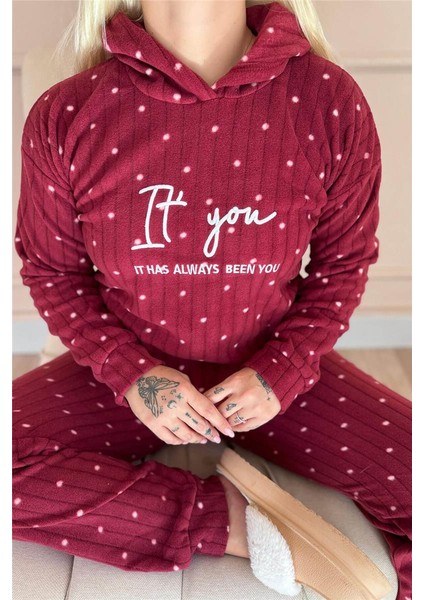 Bordo You Desenli Kapşonlu Peluş Polar Pijama Takımı indirimleri