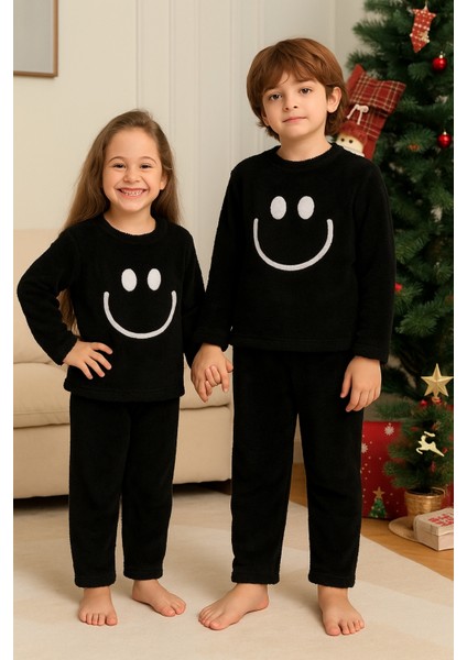 Kız - Erkek Çocuk Gülen Yüz Nakışlı Kışlık Peluş Takım AK4006
