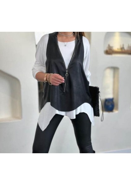 Kadın Uzun Kollu Asimetrik Kesim Viskon Bluz ve Çatlak Deri Görünümlü Yelek Ikili Takım