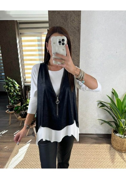 Kadın Uzun Kollu Asimetrik Kesim Viskon Bluz ve Çatlak Deri Görünümlü Yelek Ikili Takım fiyatları