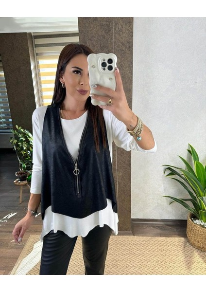 Kadın Uzun Kollu Asimetrik Kesim Viskon Bluz ve Çatlak Deri Görünümlü Yelek Ikili Takım modelleri