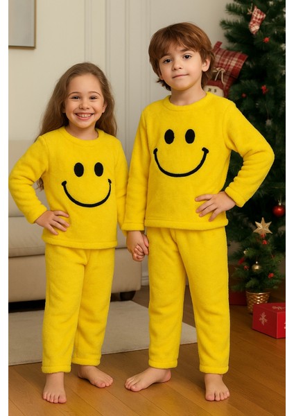 Kız - Erkek Çocuk Gülen Yüz Nakışlı Kışlık Peluş Takım AK4006