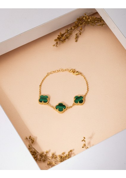 925 Ayar Yeşil Kaplangözü Taşlı Gold Üçlü Yonca Gümüş Bileklik
