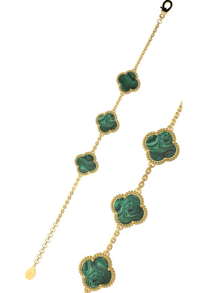 925 Ayar Yeşil Kaplangözü Taşlı Gold Üçlü Yonca Gümüş Bileklik modelleri