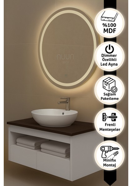 Aurora 60CM Banyo Dolabı Seti (Yuvarlak Ledli Dokunmatik Ayna + Mdf Lavabo Dolabı, Seramik Lavabo) fiyatları