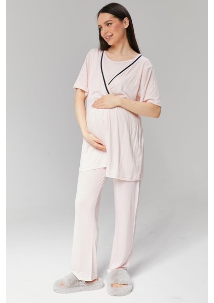 Pamuklu Kruvaze Yaka Lohusa ve Günlüğe Uygun Pijama Sabahlık Takımı modelleri