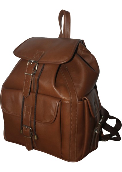 Hakiki Deri Açık Kahverengi Sırt Çantası 3 Cepli Model Kadın Erkek Kullanımlı