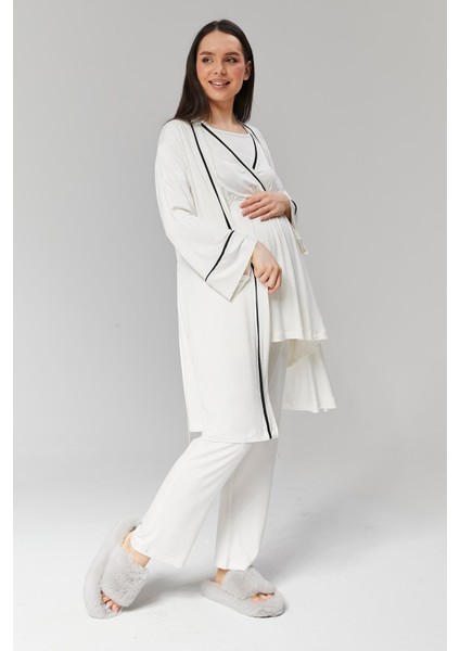 Pamuklu Kruvaze Yaka Lohusa ve Günlüğe Uygun Pijama Sabahlık Takımı