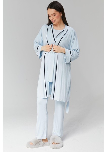 Pamuklu Kruvaze Yaka Lohusa ve Günlüğe Uygun Pijama Sabahlık Takımı