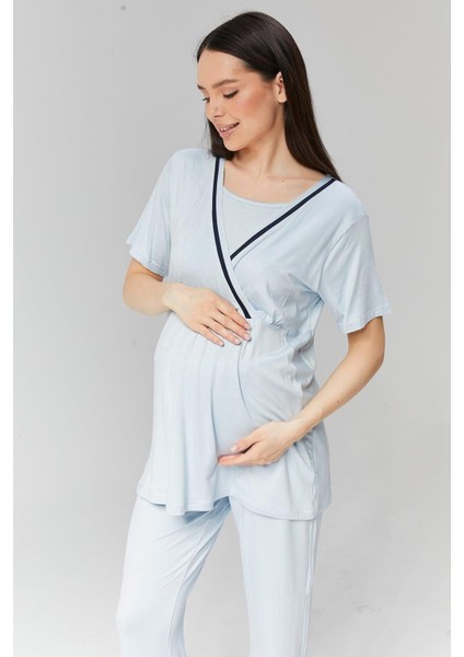 Pamuklu Kruvaze Yaka Lohusa ve Günlüğe Uygun Pijama Sabahlık Takımı fırsatları