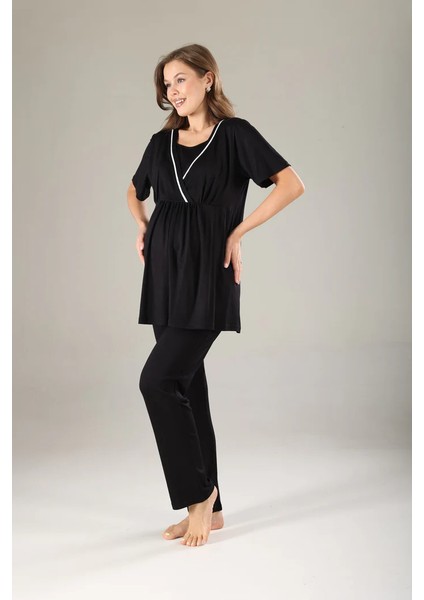 Pamuklu Kruvaze Yaka Lohusa ve Günlüğe Uygun Pijama Sabahlık Takımı