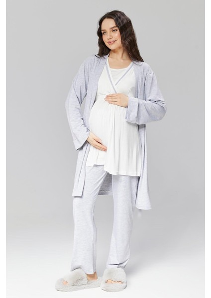 Pamuklu Kruvaze Yaka Lohusa ve Günlüğe Uygun Pijama Sabahlık Takımı