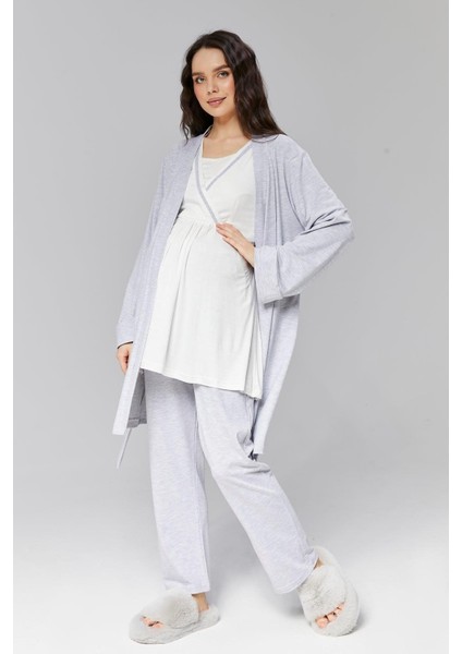 Pamuklu Kruvaze Yaka Lohusa ve Günlüğe Uygun Pijama Sabahlık Takımı modelleri