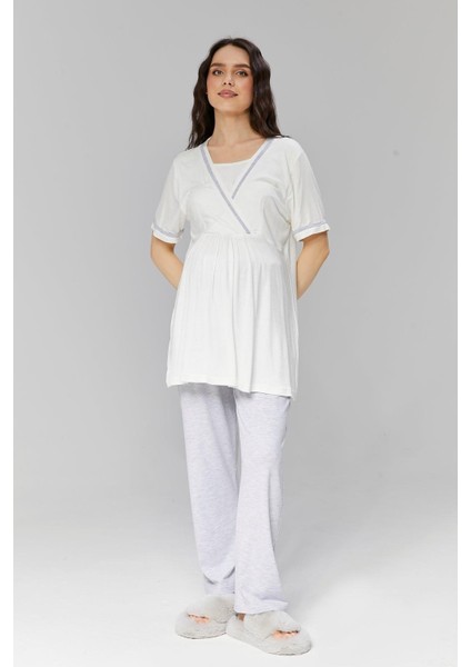 Pamuklu Kruvaze Yaka Lohusa ve Günlüğe Uygun Pijama Sabahlık Takımı