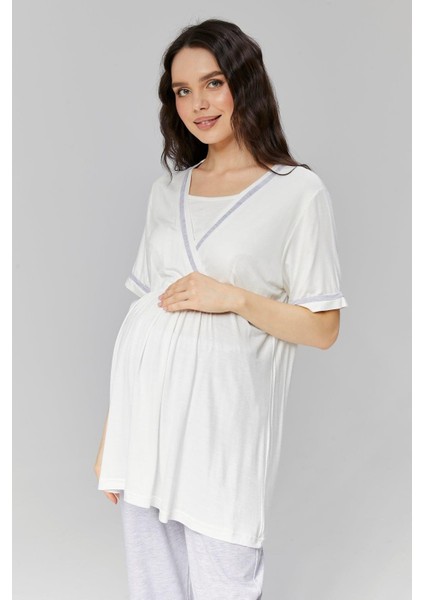 Pamuklu Kruvaze Yaka Lohusa ve Günlüğe Uygun Pijama Sabahlık Takımı