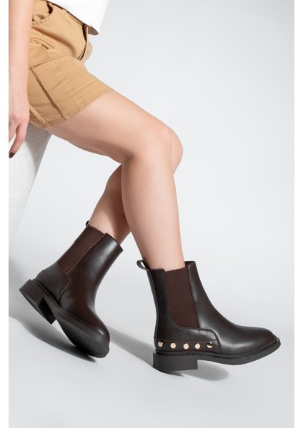 Kadın Altın Zımba Detaylı Çift Lastikli Günlük Bot Pamer Kahve fırsatları