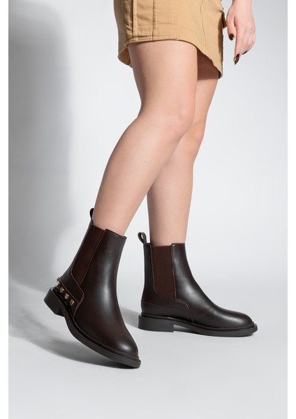 Kadın Altın Zımba Detaylı Çift Lastikli Günlük Bot Pamer Kahve