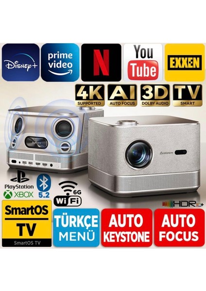 Aurzen Boom 3 Wifi + Bluetooth 300 Inç 4K Smart Tv Projeksiyon Cihazı Renk Altın fiyatları